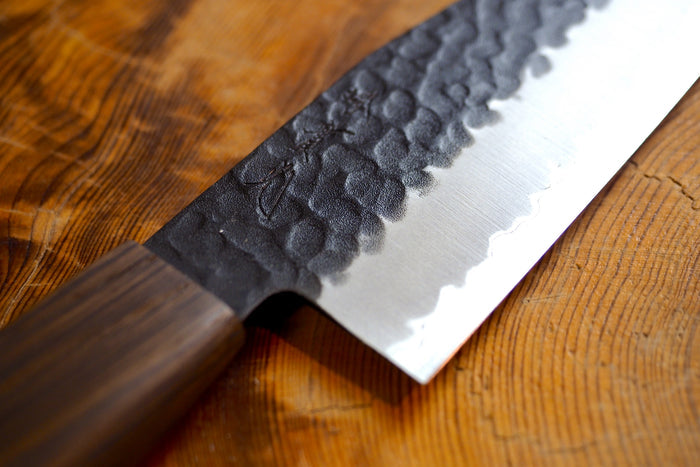 Sakai Jikko "Joker" Kurouchi Wa-Santoku Knife Blue Super Steel with Hammered Finish (18cm)