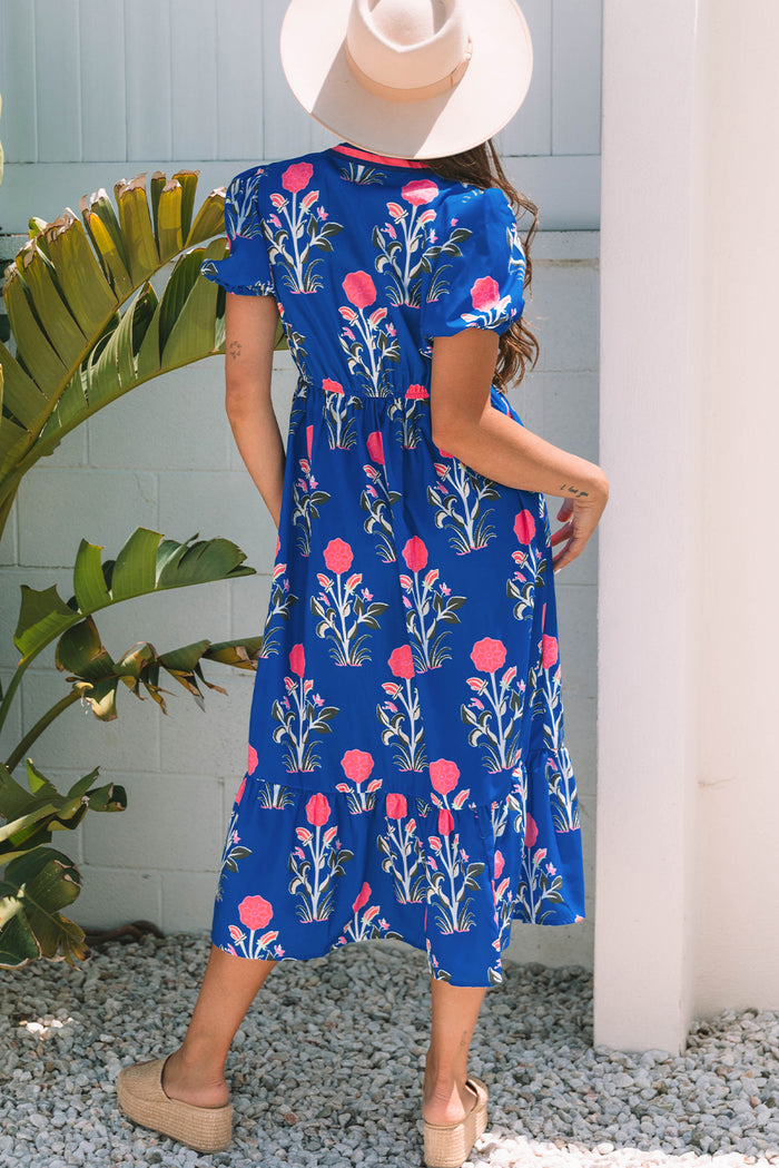 Sky Blue Floral Puff Short Sleeve V Neck High Waist Maxi Dress