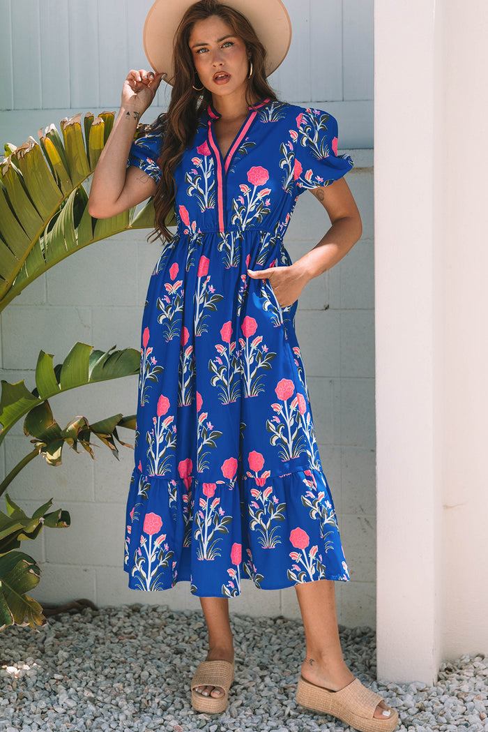 Sky Blue Floral Puff Short Sleeve V Neck High Waist Maxi Dress