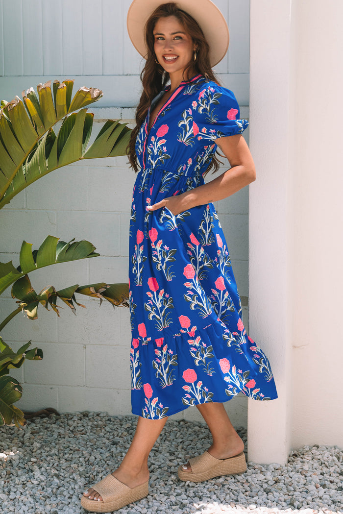 Sky Blue Floral Puff Short Sleeve V Neck High Waist Maxi Dress