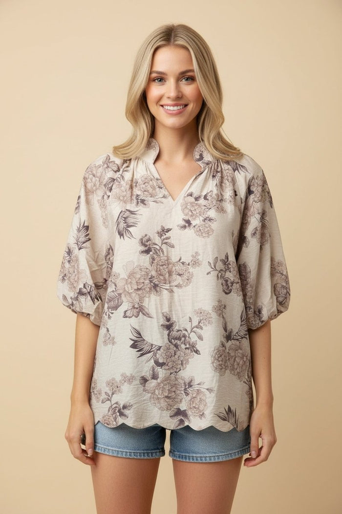Sweet Serenity Neutral Floral V Neck Gathered Sleeve Top