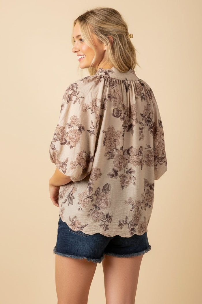 Sweet Serenity Neutral Floral V Neck Gathered Sleeve Top