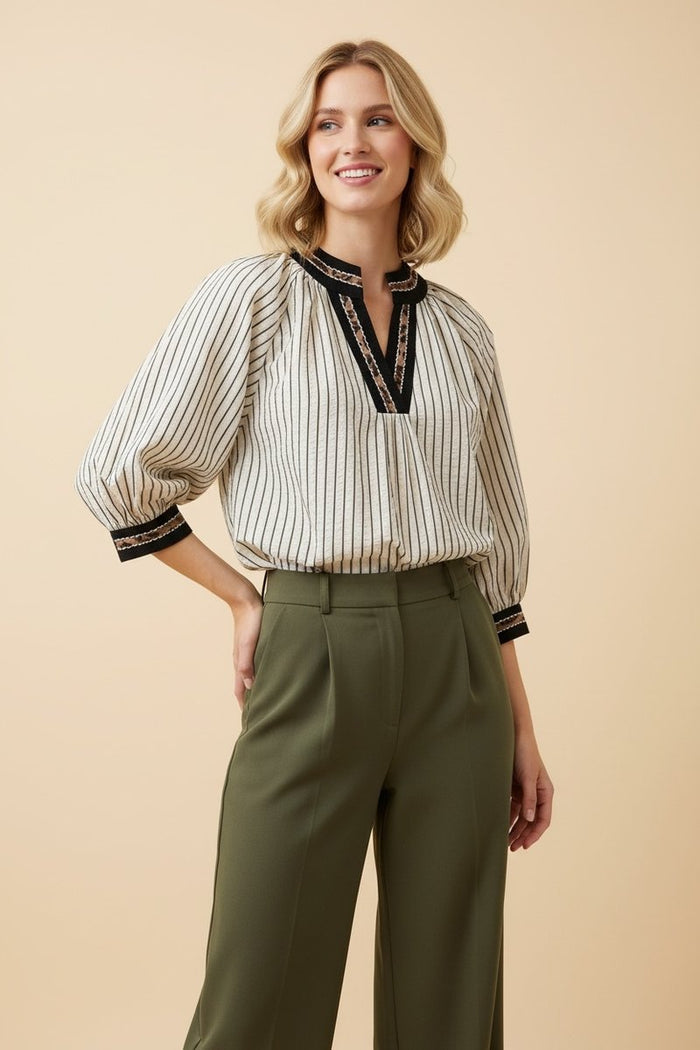 Talk of the Town Striped Embroidered Quarter Sleeve Top