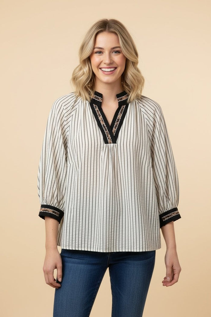 Talk of the Town Striped Embroidered Quarter Sleeve Top
