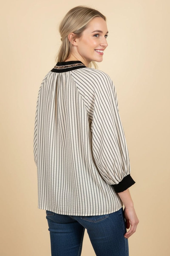 Talk of the Town Striped Embroidered Quarter Sleeve Top