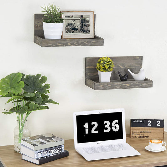 White whale Rustic Gray Wood 16-inch Wall L-Shaped Shelves, Set of 2