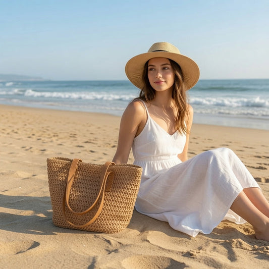 Women's woven raffia tote handbag by Grace Beauty with natural woven texture and sturdy handles for stylish everyday use.