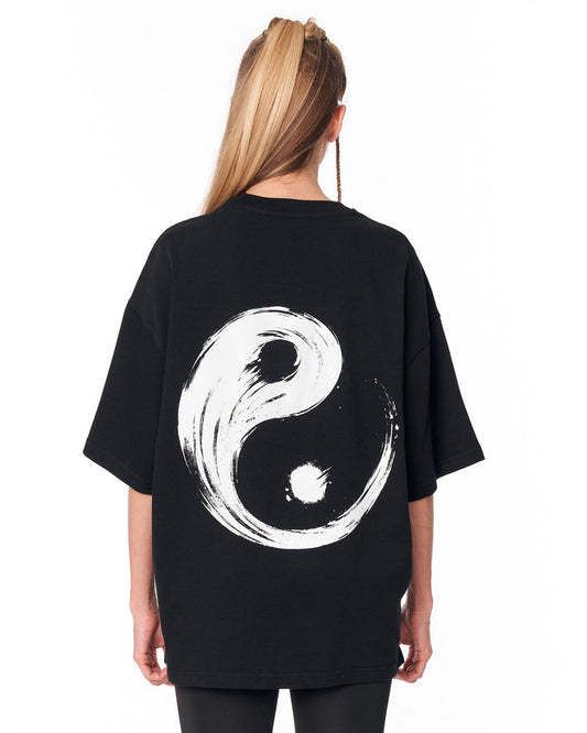 Yin Yang Brush Graphic Black Oversized T-Shirt with minimalist streetwear look