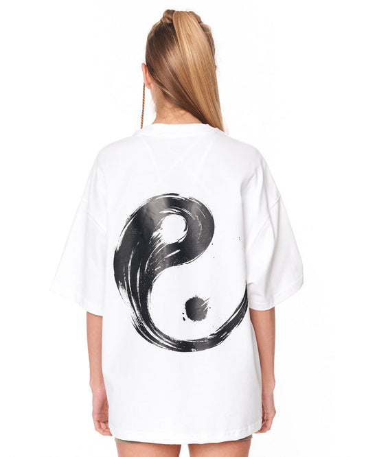 Yin Yang Brush Graphic White Oversized T-Shirt with drop shoulder design